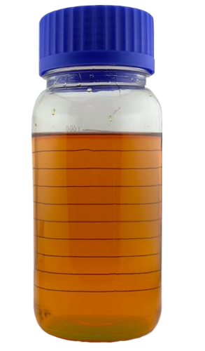 "1-liter bottle with a blue cap filled with Delta 8 Gold oil, characterized by its rich amber color, available in bulk for quality cannabinoid products.